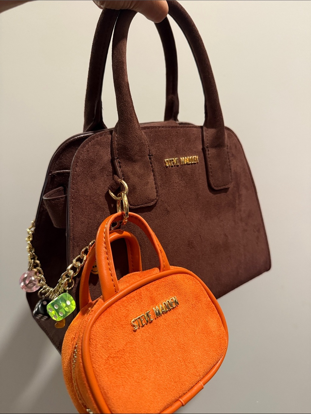 Steve Madden Brown Suede Satchel with Orange Mini Pouch